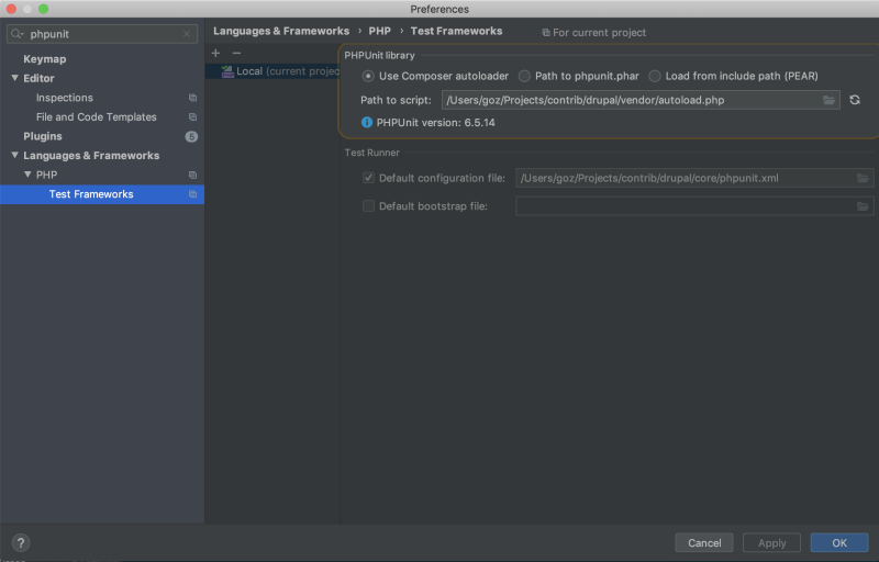 PHPStorm configurer phpunit pour Drupal